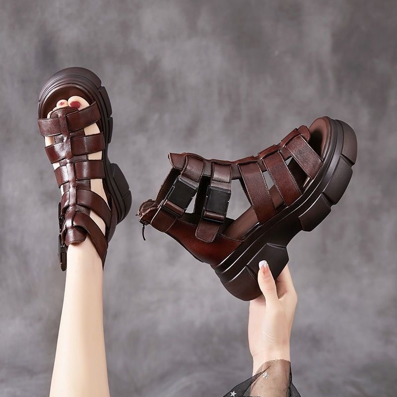 Sandales Rétro Élégantes à Plateforme Évidée en Cuir pour Femmes