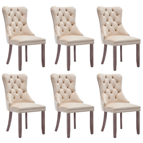 Modern Set Of 6 Upholstered Velvet Dining Chairs, Button Tufted Kitchen Lounge Chairs With Brushed Wood Legs, Riveted Trim And Knocker Ring, For Dining Room Living Room