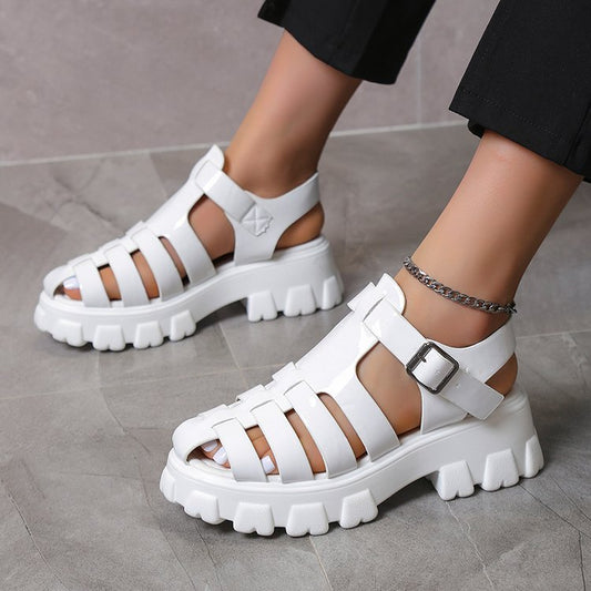 Sandales romaines décontractées à talon mi-haut et à plateforme avec boucle pour femme