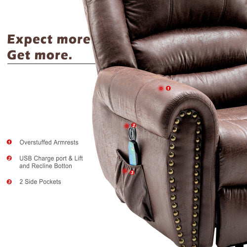Large Power Lift Recliner Chairs With Massage And Heat For Elderly Big People, Massage Chair Heavy Duty Electric Faux Leather Reclining Chairs With USB Port And 2 Side Pockets