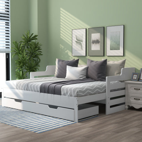 Daybed, Trundle And Drawer, Cabin Bed, SIngle Guest Bed Sofa Bed, Pull Out Trundle And Storage Drawer For Living Room And Bedroom -  3 90 X190 Cm - White