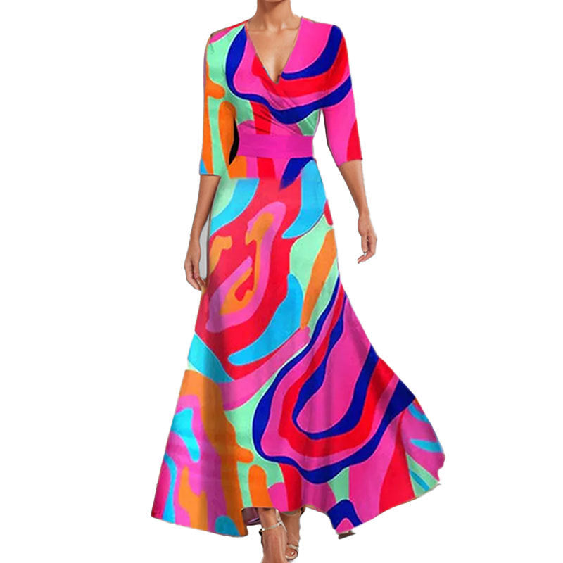 Womens Print Half-sleeve V-neck Dress