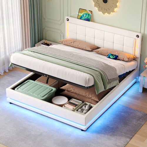 5ft King LED Hydraulic Bed With Charging Station, Adjustable Square Tufted Headboard With Intelligent Control Light, Soft Velvet Bed Frame With USB And Type - C Ports, Beige