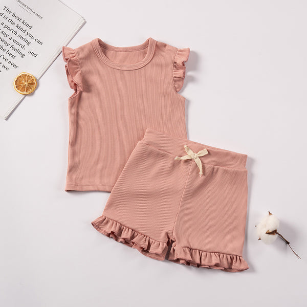Girls' Solid-Colored Short-Sleeve Shorts Set