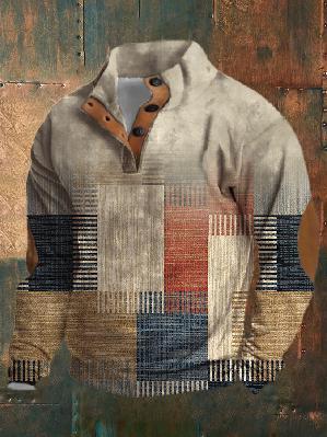 Pull homme hiver à col montant, demi-boutonné, manches longues et imprimé numérique