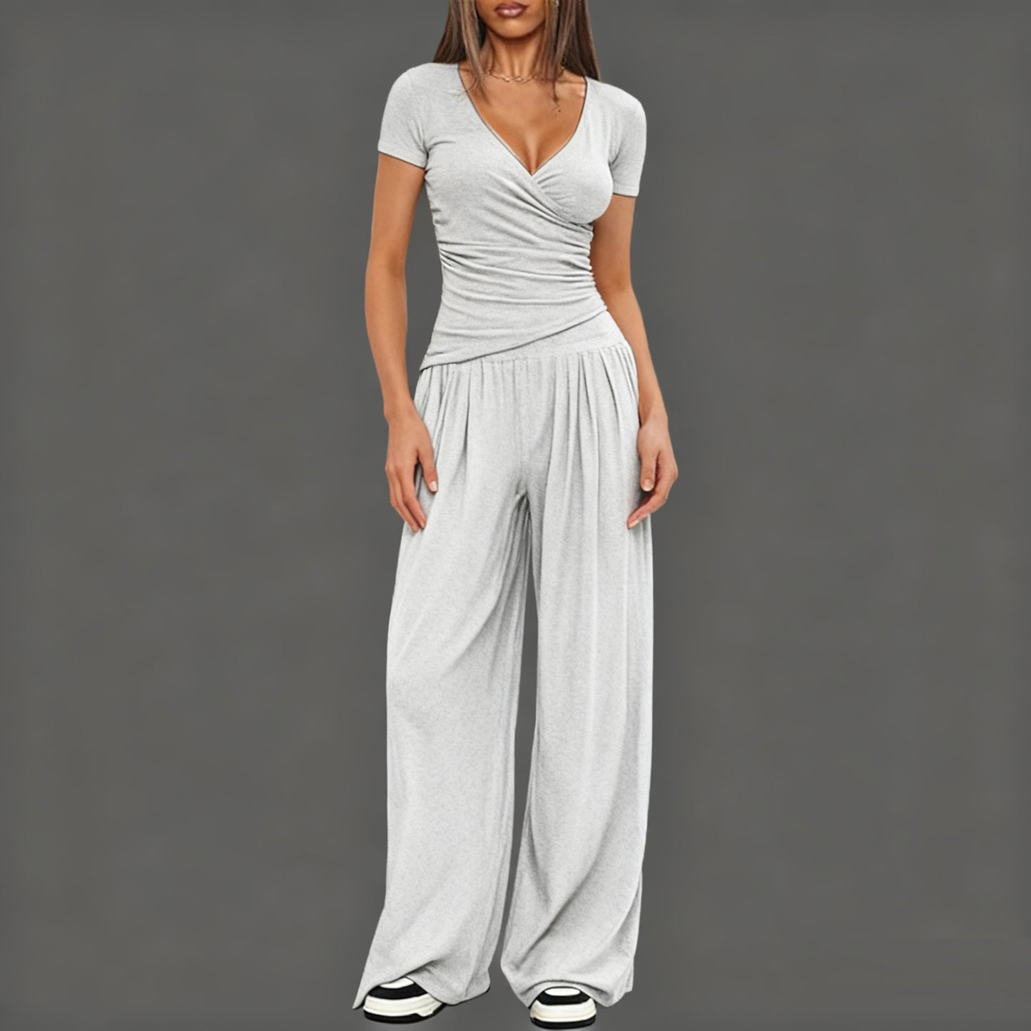 Women's Short Sleeve Sportswear & Wide Leg Pants Set