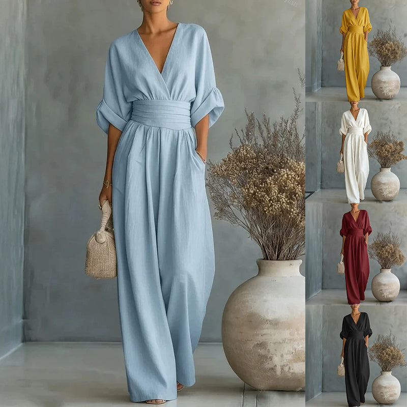 Women's V-Neck Wide-Leg Pleated Jumpsuit