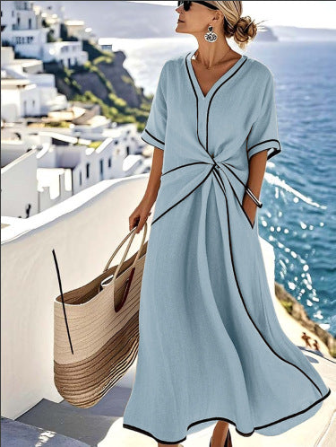 Loose Striped Short-Sleeve Maxi Dress