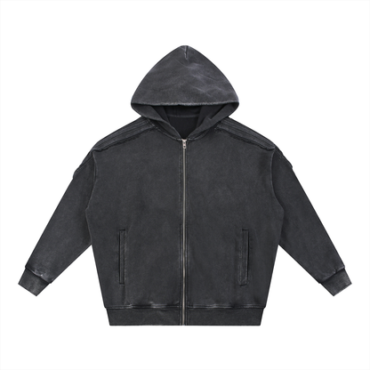 Snow Washed Tape Raw Edge Zip Hoodie 420GSM