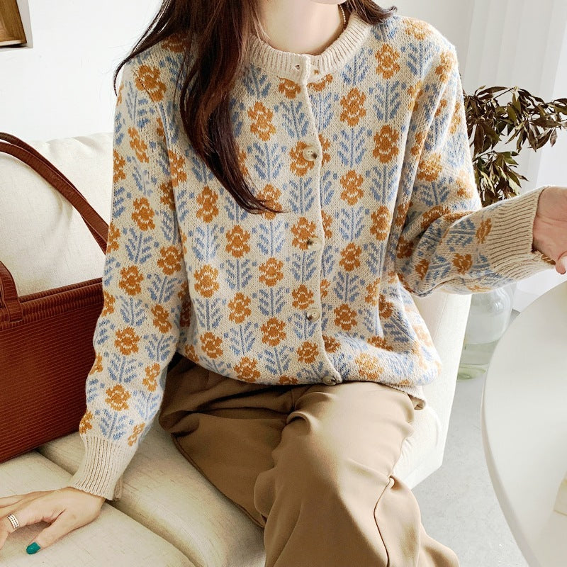 Flower Round Neck Sweater Women Cardigan Jacket - Stuffs & Savers