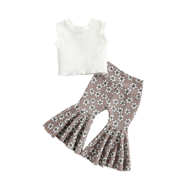 Girls' Floral Sleeveless Vest & Bell-Bottom Pants Two-Piece Set