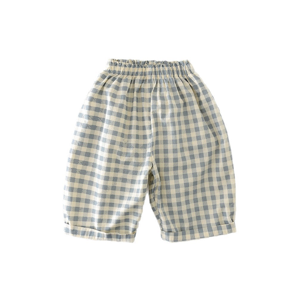 Boys Cotton Loose-fit Plaid Wide-leg Pants