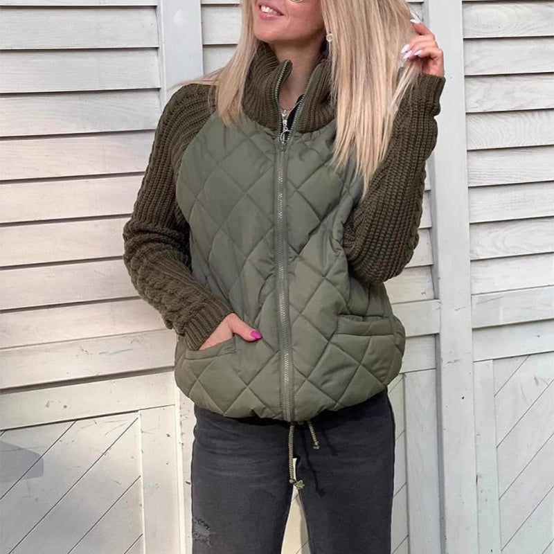 Women's Stand Collar Cotton Jacket - Zip Up Winter Coat with Pockets