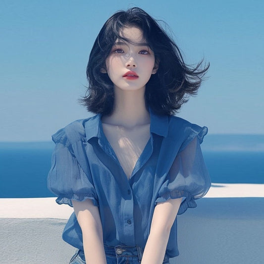Blue Puff Sleeve Chiffon Small Shirt