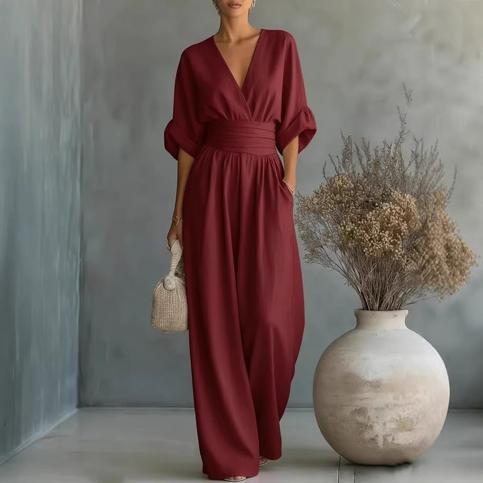 Women's V-Neck Wide-Leg Pleated Jumpsuit