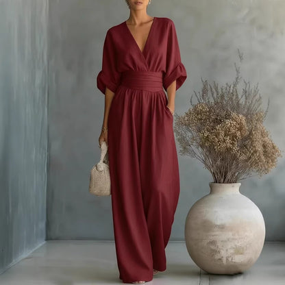 Women's V-Neck Wide-Leg Pleated Jumpsuit