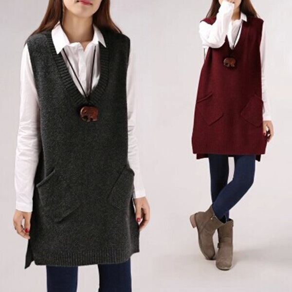 Loose Slimming Versatile Plus-Size V-Neck Knitted Sweater Vest For Women
