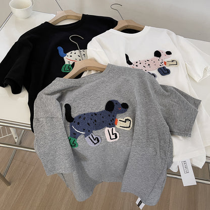 Heavy-duty 3D Embroidered Puppy Crewneck Short-sleeve Womens Top