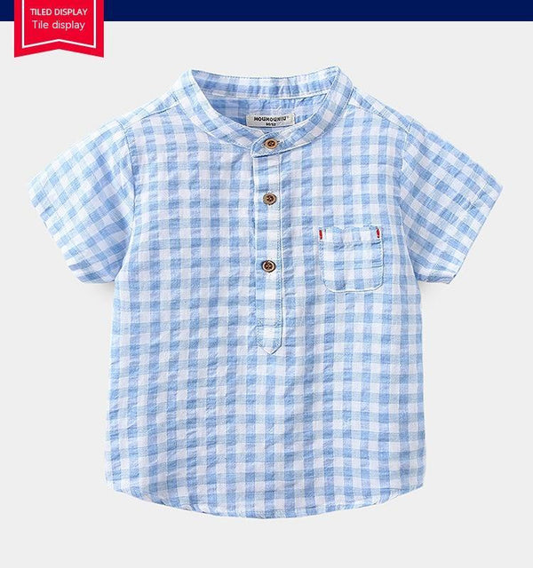 Children's Cotton Blue Short-sleeved Shirt Fashion Casual Short-sleeved Plaid Shirt - Stuffs & Savers