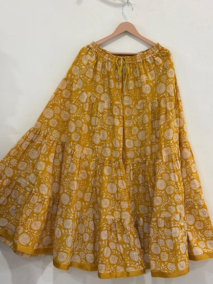 Blackfever Mustard Yellow Floral Tiered Cotton Maxi Skirt – Free Size