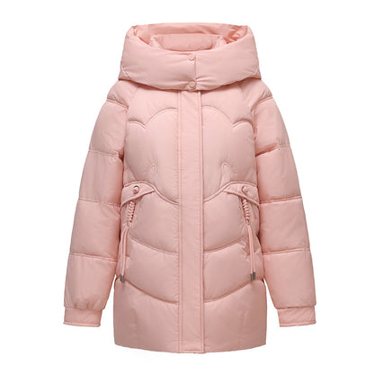 Womens New Solid-Color Mid-Length Puffer Jacket With Hood