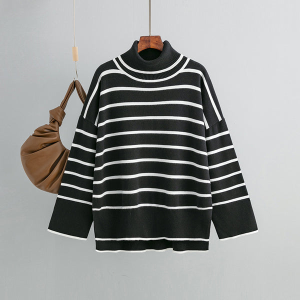 Womens Loose Casual Striped Turtleneck Sweater - Stuffs & Savers
