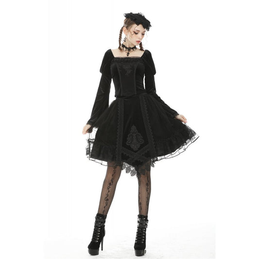 Dark in Love Melisandre Embroidered Velvet Mesh Goth Skirt in Black