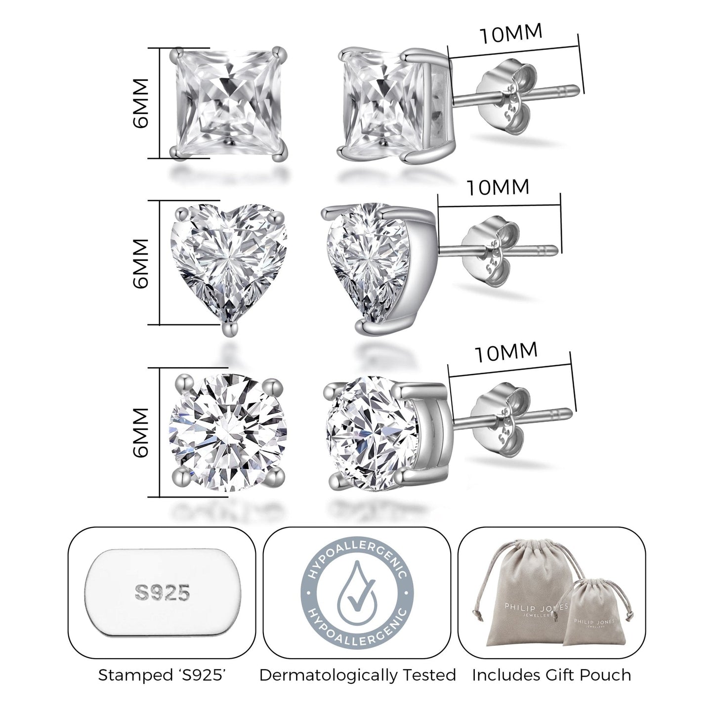 3 Pairs of Sterling Silver Shaped Earrings Created with Zircondia® Crystals