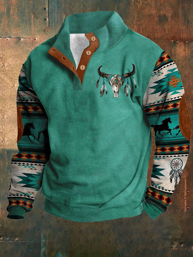 Pull homme hiver à col montant, demi-boutonné, manches longues et imprimé numérique