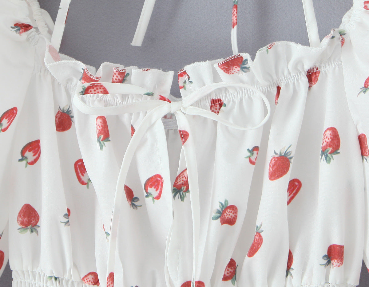 Strawberry Print Square Neck Bubble Sleeve Waist-tied Dress