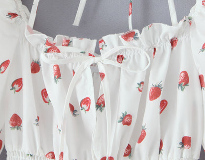 Strawberry Print Square Neck Bubble Sleeve Waist-tied Dress
