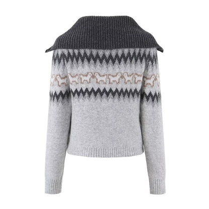 diamond grid jacquard large lapel sweater