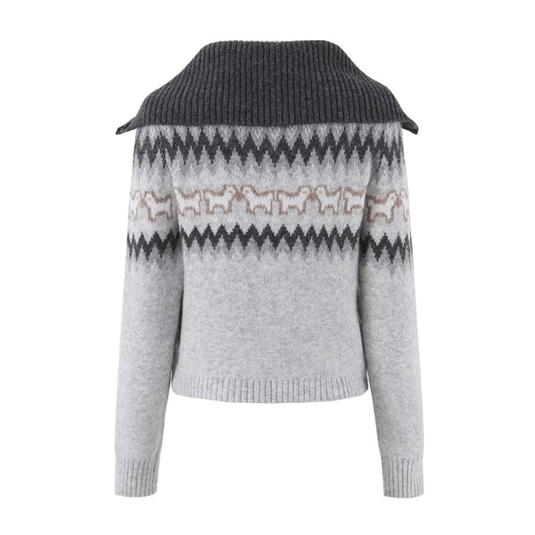 diamond grid jacquard large lapel sweater