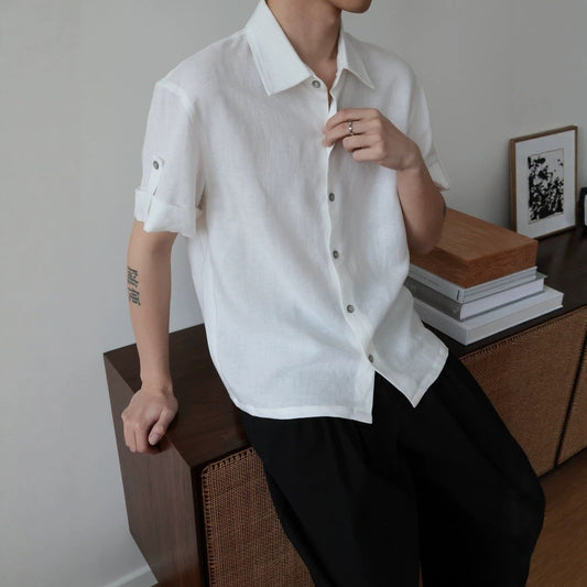Linen Tencel Lyocell Classic Fit Cuffed Button-Up Casual Short Sleeve Shirt