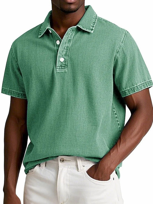 Men's Solid Colour Vintage Lapel Polo Shirt - Short Sleeve