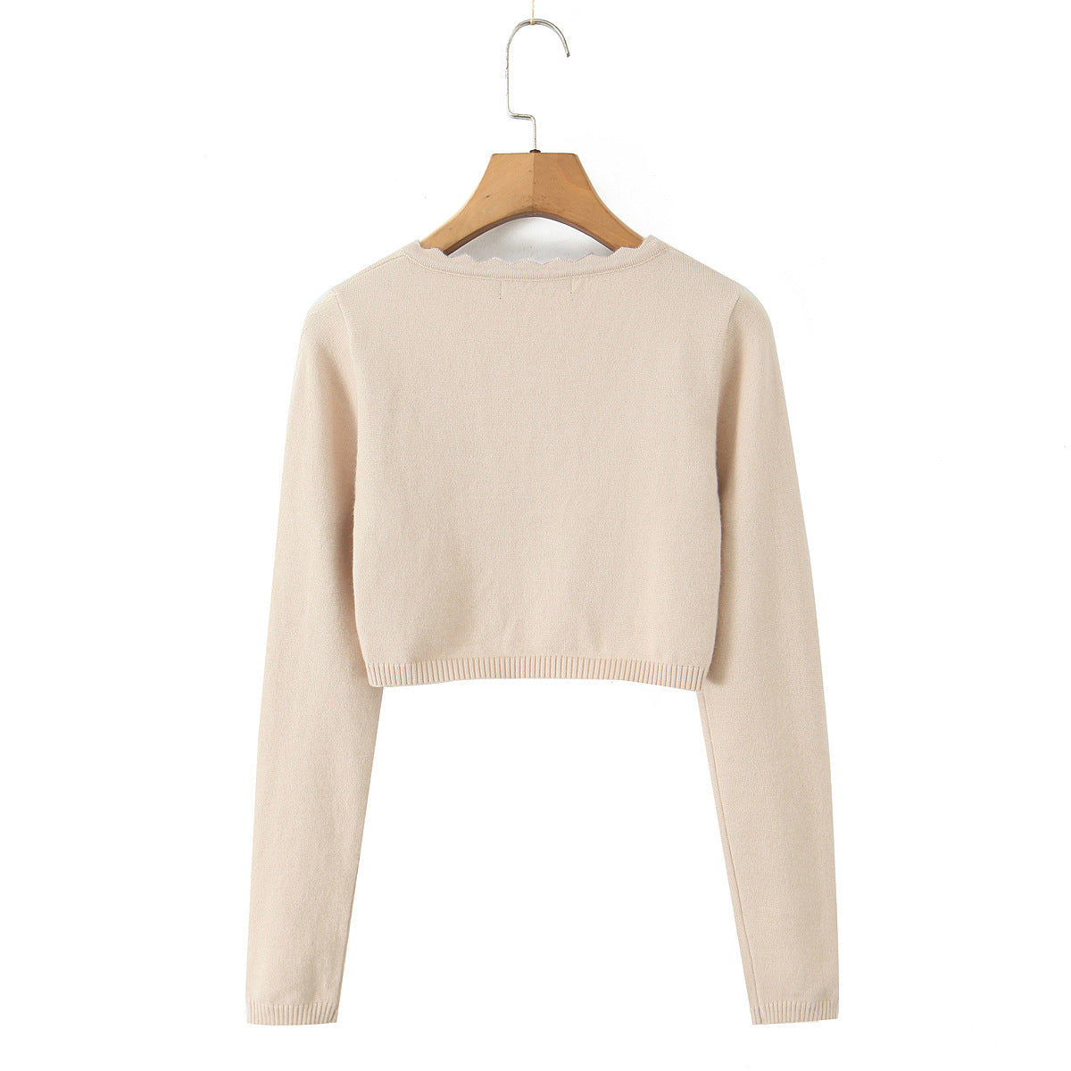 Round neck wavy lace long sleeved cardigan casual knit sweater