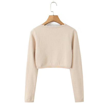 Round neck wavy lace long sleeved cardigan casual knit sweater