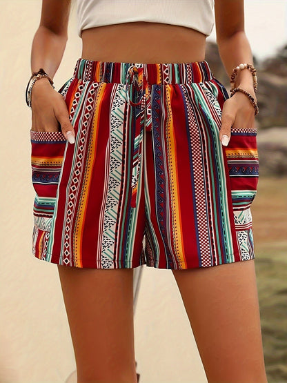 Short court bohème taille haute pour femme, 100 % polyester tissé, motif rayé d'été avec poches, short imprimé décontracté pour femme