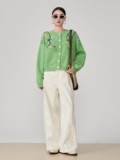 3DEmbroidered Round Neck Knitted Cardigan
