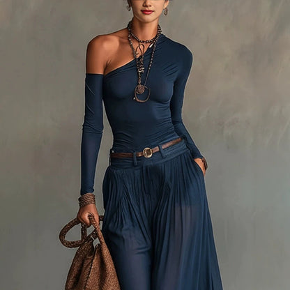 Asymmetrical Long Sleeve Casual Set with Belted Long Dress