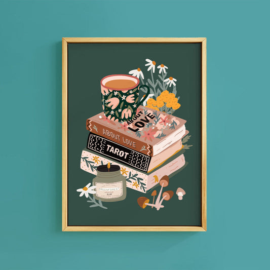 COSY AUTUMN GREEN BOOKS PRINT