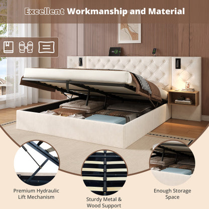 King Upholstered Bed With Charging Station, Velvet Hydraulic Storage Bed With Reading Light, 5ft King Bed Frame With Handmade Button Tufted Wide Headboard And Bedside Storage, Beige