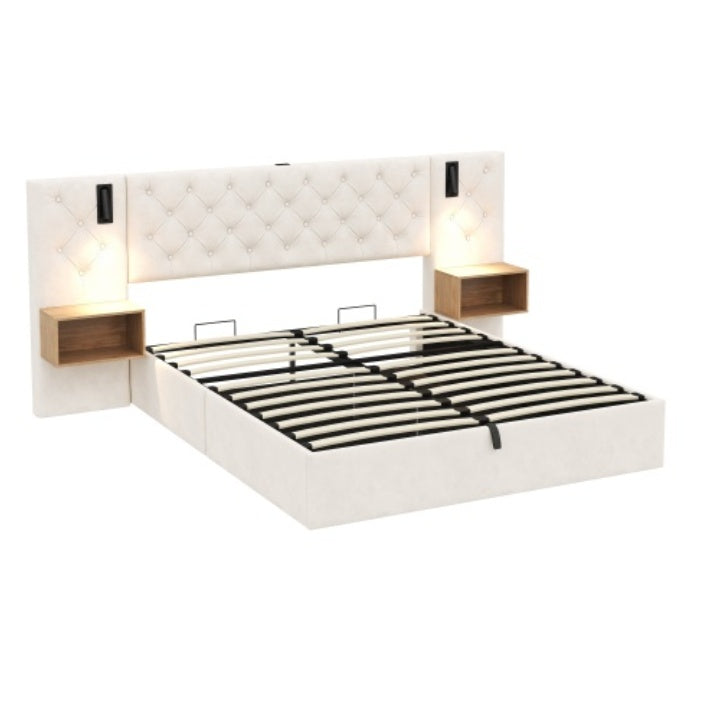 King Upholstered Bed With Charging Station, Velvet Hydraulic Storage Bed With Reading Light, 5ft King Bed Frame With Handmade Button Tufted Wide Headboard And Bedside Storage, Beige