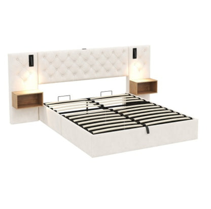 King Upholstered Bed With Charging Station, Velvet Hydraulic Storage Bed With Reading Light, 5ft King Bed Frame With Handmade Button Tufted Wide Headboard And Bedside Storage, Beige