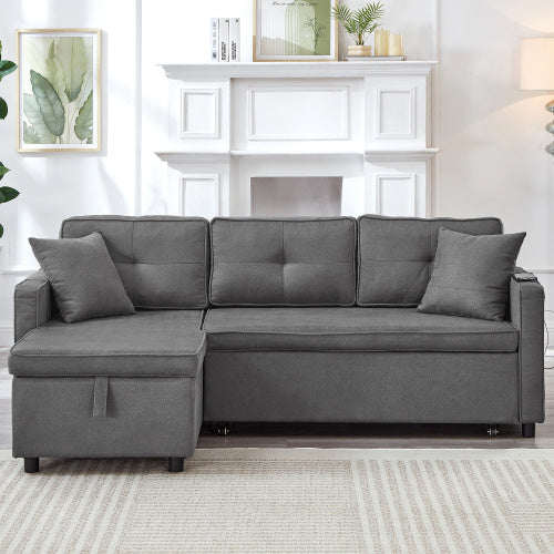 L-Shaped Pull Out Sleep Sofabed, Modern Reversible Sleeper Sectional Sofa, 3 In 1 Convertible Sofa Bed With Storage Chaise, Drop-Down Table, Cup Holders And Charging Ports, Grey