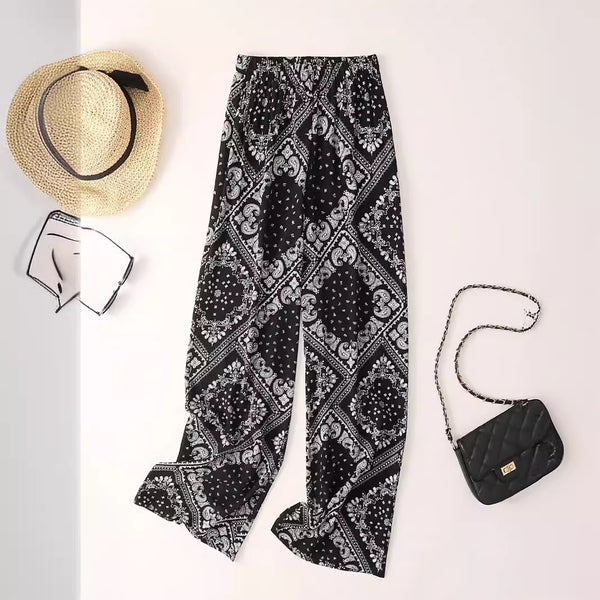 Women's Paisley Print Wide Leg Trousers - Bohemian Casual Pants