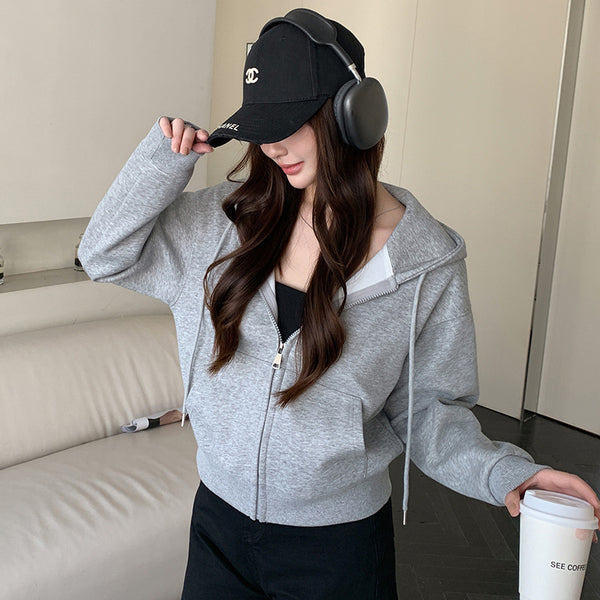 Hooded Zipper Short Sweater Coat For Women Spring And Autumn