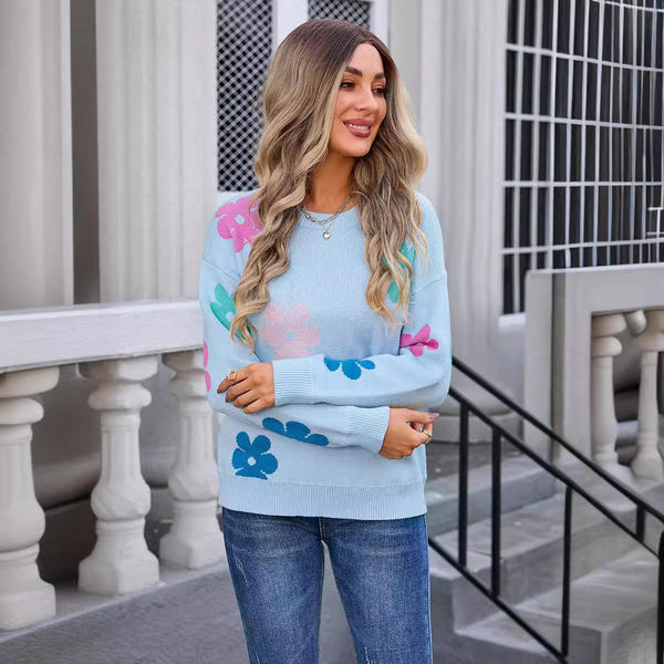 Women's Sweater Flowers Color-block Crew Neck - Stuffs & Savers