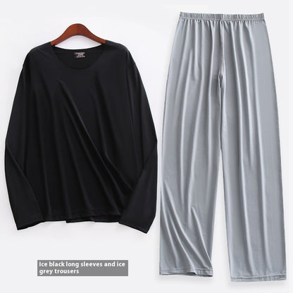 Spring Summer Ultra-thin Men's Long-sleeved Cropped Trousers Pajamas Suit