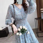 Long-sleeve Waist-cinched High-waisted V-neck Floral Chiffon Dress